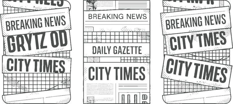 Three newspaper stacks with headlines breaking news city times and daily gazette in monochrome
