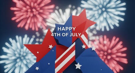 Obraz premium Abstract 3D render of red and blue stars and stripes with blurred red and white fireworks in the background, celebrating Independence Day with text 