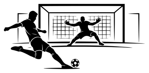 Soccer player shooting ball at goal with goalkeeper in silhouette style © OnlyVector