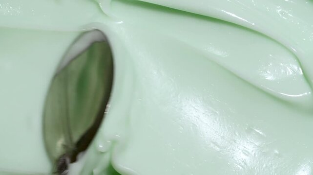 Cosmetic Smears of Creamy Texture with a Spatula, Cosmetic Skin Cream, Face Mask close-up. Concealer, Gel Fluid, Makeup Brush. Beauty Skincare Product Sample. High quality 4k footage