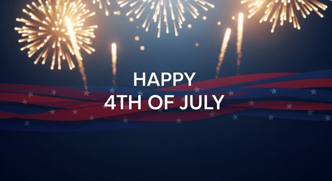 Happy Fourth of July text overlay with patriotic red and blue ribbons and stars, set against a dark blue background with bright golden fireworks exploding in the night sky above.
