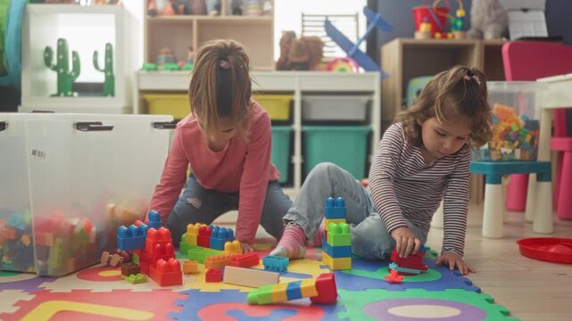 Two girls stacking colorful plastic blocks with hands on a foam playmat inside a building playroom; childhood play concentration.