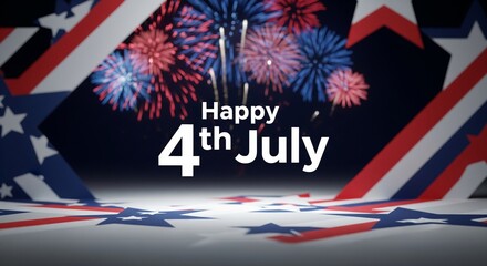 Obraz premium Happy 4th of July text overlay with patriotic red white and blue stars and stripes framing a dark background with colorful fireworks exploding in the night sky above the text.