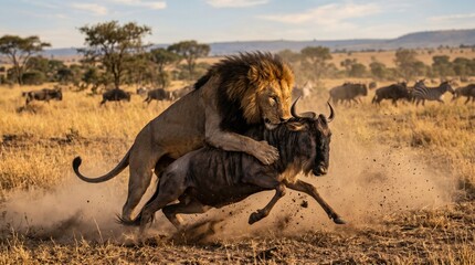 lion attacking wildebeest african savanna dramatic wildlife action scene 01 4x