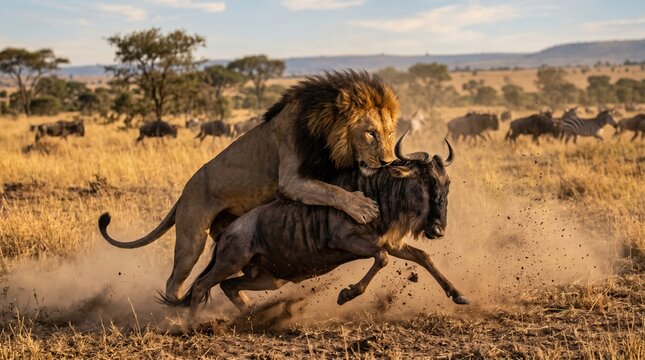 lion attacking wildebeest african savanna dramatic wildlife action scene 01 4x