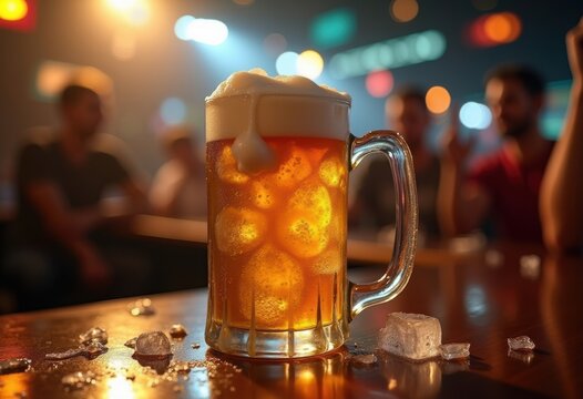 Overflowing Beer Foam Mug Sports Pub Lively Cheers Celebration Crowd Ambiance