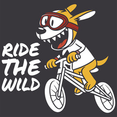 Fototapeta premium Cheerful dog character riding bike with ride the wild slogan in vintage cartoon style.