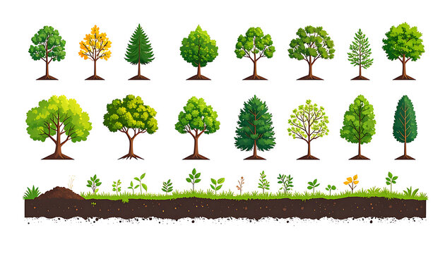 Collection of pixel art trees and plants in various stages of growth, set against a clean background, nature elements for games or design