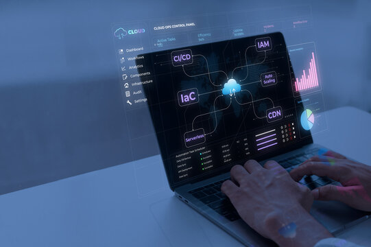 Holographic cloud operations control panel displaying futuristic data analytics interface in