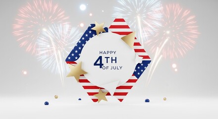 Obraz premium Happy 4th of July greeting with American flag elements, gold stars, and fireworks display against a clean white background, festive celebration concept.