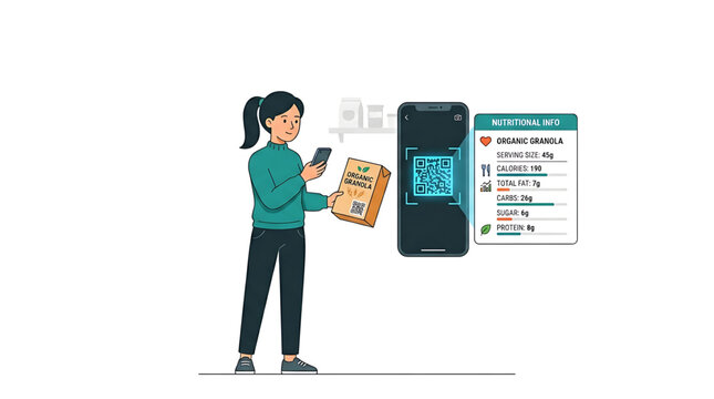 Woman scanning qr code on granola package with smartphone for nutritional information