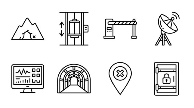 Set of line icons portraying various elements related to mining, exploration, and secure access with relevant infrastructure and technology