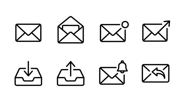 Email and inbox outline icons for communication, messaging, and digital notification concepts