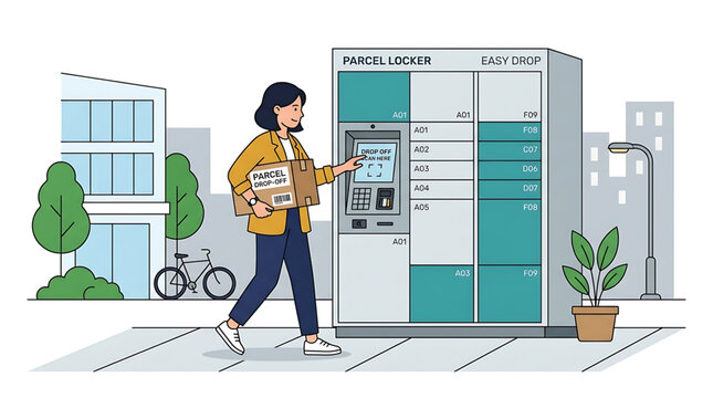 Woman using a parcel locker for package dropoff in a city setting