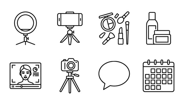 Beauty vlogging and live streaming content creation icons set with makeup, cosmetics, camera equipment, and schedule planning
