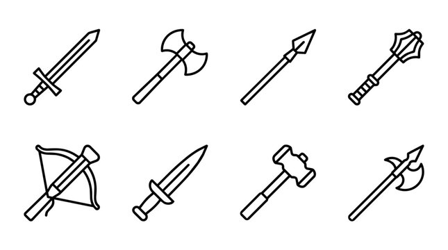 Medieval battle weapons set for game design, featuring sword, axe, spear, mace, crossbow, dagger, hammer, halberd icons