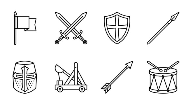 Medieval warfare and crusade icon set featuring knight helmet, shield, swords, catapult, flag, spear, arrow, drum
