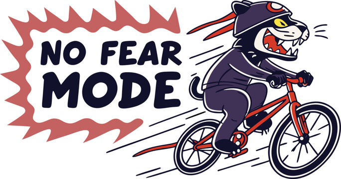 Panther riding bicycle, wearing hat, no fear mode message.