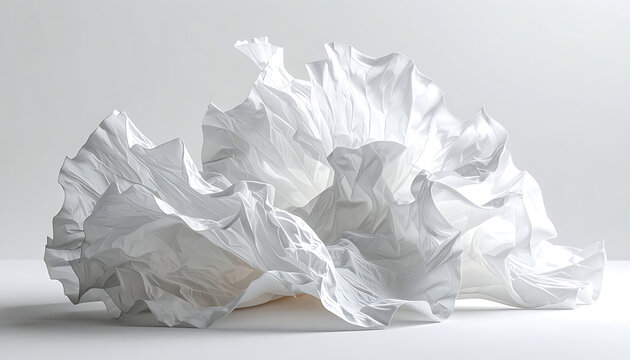 Crumbled white paper sculpture with delicate ruffles and sharp edges, abstract organic form on a light neutral background, a conceptual representation of fragility or creativity