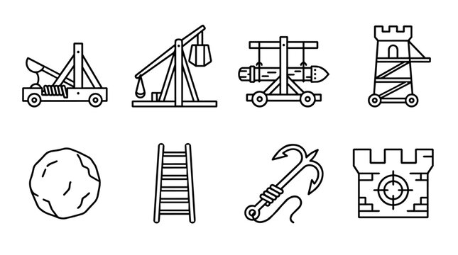 Medieval siege weapons line icon set with catapult, trebuchet, battering ram, siege tower, and castle target
