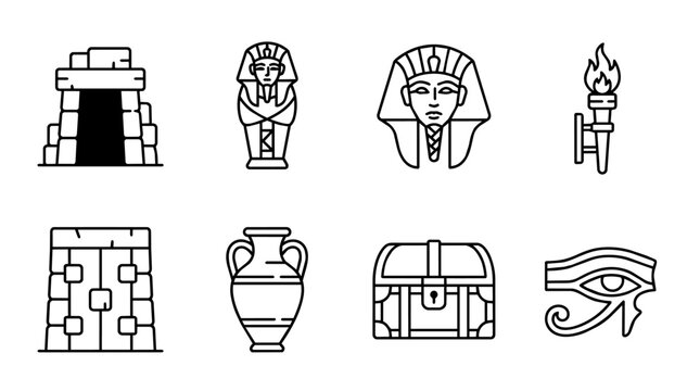 Ancient egyptian symbols and artifacts collection illustrating history, culture, and mythology in outline icons