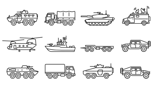 Military vehicles collection illustrating land, air, and sea transport for defense, army, and warfare concepts