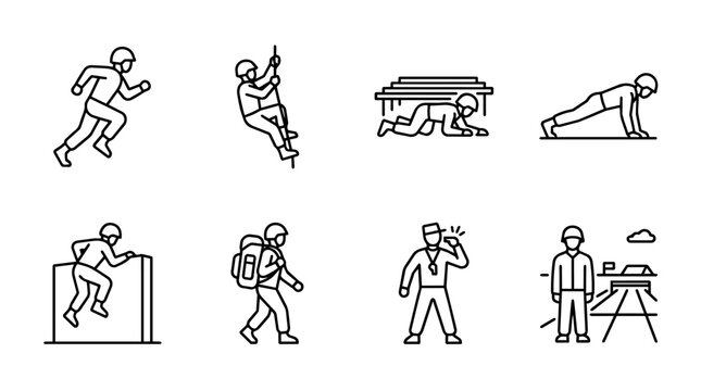 Military training and physical bootcamp recruits practicing obstacle course exercises line art icon set