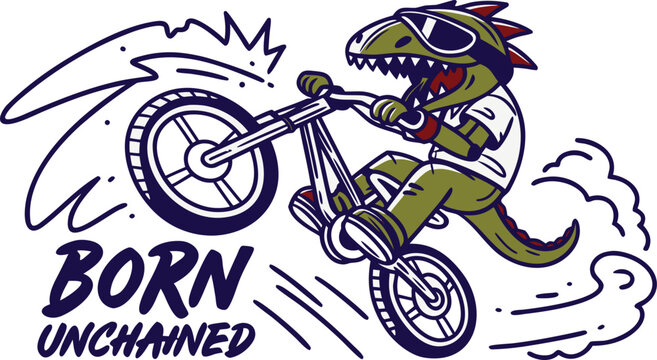 Dinosaur riding bicycle, wearing sunglasses, born unchained text.