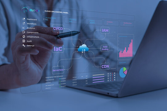 Person sitting at desk analyzing data of cloud operations control panel with hologram