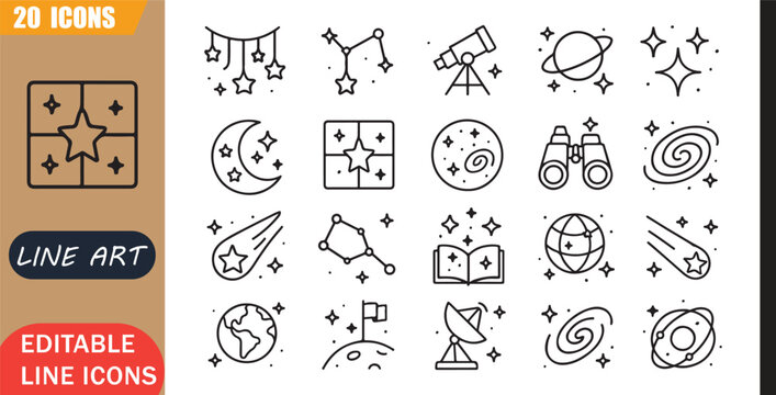 Isolated constellation astronomy icons set, 20 editable line art icons set, starfestival constellation astronomy, celestial stars galaxy, nightsky cosmic universe, science theme style, clean vector
