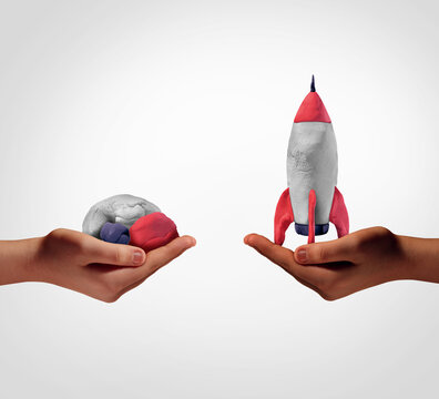 Planning And Leadershipas rough clay transforming into a rocket ship symbolizing innovation ambition entrepreneurship creative growth and turning raw potential into reality as a business success idea.