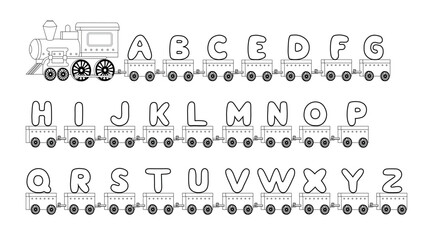 Cute alphabet train coloring page for children. Black and white cartoon locomotive with letter wagons for learning, education and preschool activities. © NADEZHDA