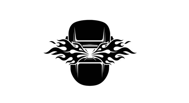 Black welding mask with stylized flames on white background