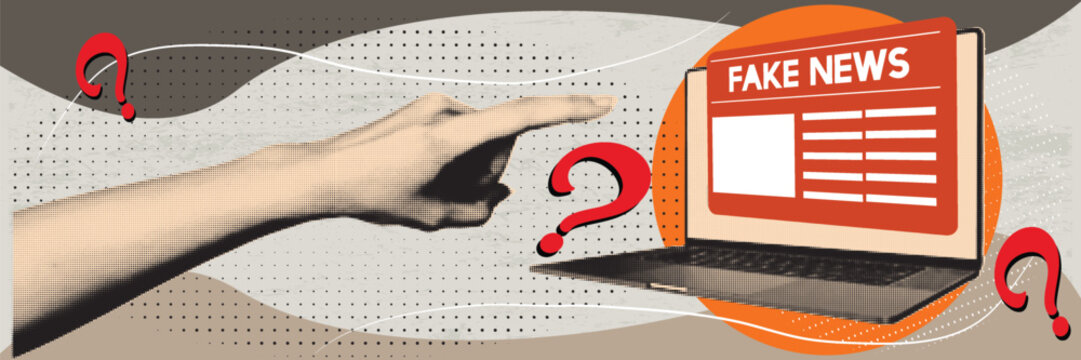 Retro Pop Art Collage with Hand Pointing at Fake News on Laptop Screen. Online Misinformation and Media Manipulation Concept. Halftone Vintage Illustration