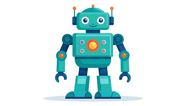 Cute pixel art robot character, teal and orange, with antennae and digital display, isolated on white, friendly and playful, perfect for technology and gaming concepts