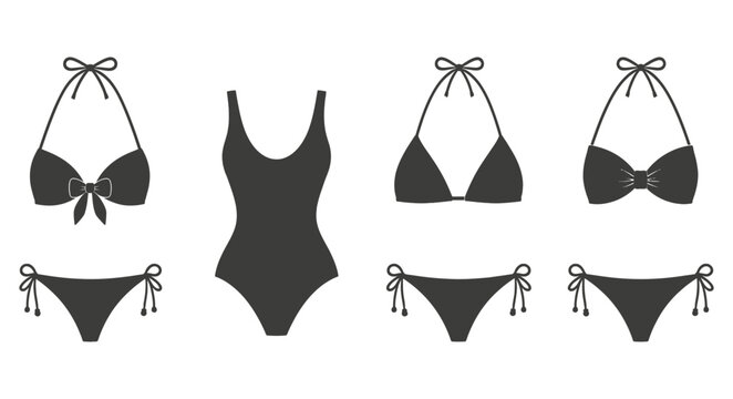 Bikini day collection black swimsuit silhouettes isolated on transparent background for summer designs