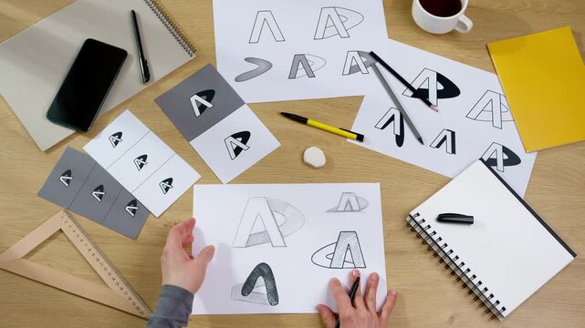 Hands of graphic designer sketching letter A logo variations with pencil on paper at wooden desk. Creative artist developing brand identity typography near notebooks and office supplies.