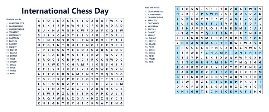 International Chess Day word seek puzzle sheet with solutions  