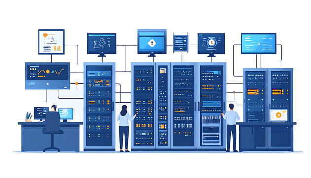 Data center operations with IT technicians monitoring servers and network systems on multiple screens, representing technology infrastructure and data management