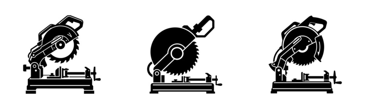 Chop saw icons set. Metal cut off machine vector. Industrial steel cutter tool.