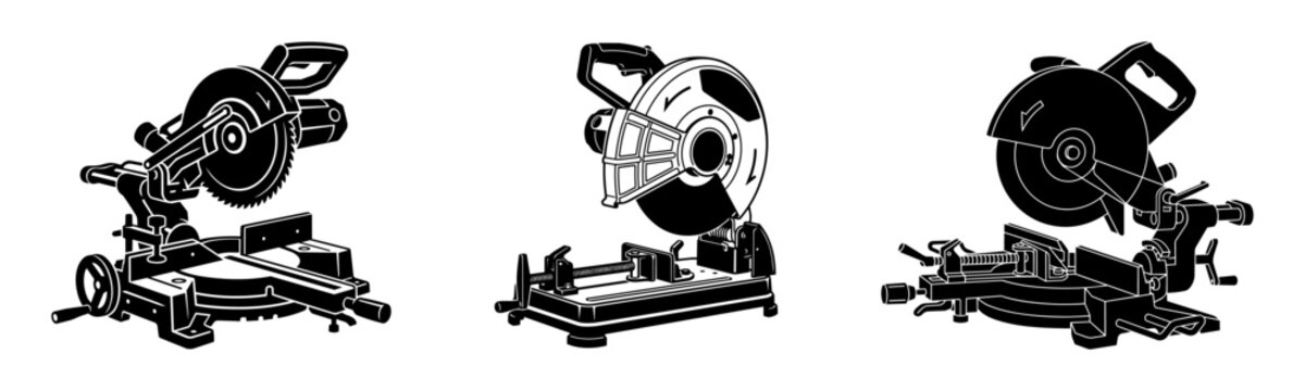 Chop saw icons set. Metal cut off machine vector. Industrial steel cutter tool.