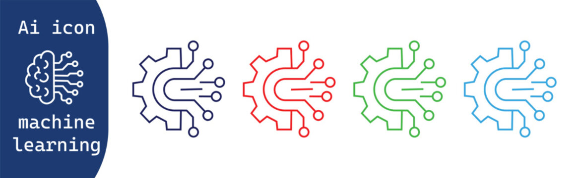 Vector AI machine learning icons set with gear and circuit elements