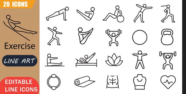 Isolated pilates core icons set, 20 editable line art icons set, exercise pilates coretraining, flexibility balance fitness, wellness movement health, workout theme style, clean outline vector