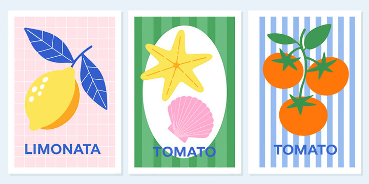 Colorful vintage style drink labels featuring lemon tomato and citrus fruits