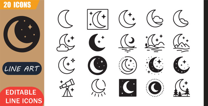 Isolated moonlight night icons set, 20 editable line art icons set, lastquarter nightsky moonlight, celestial astronomy lunar, stars galaxy universe, space theme style, clean outline vector