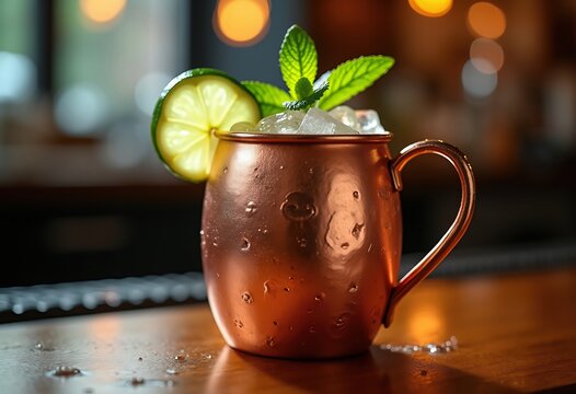 Copper Mug Moscow Mule Refreshing Copper Alloy Beverage Lime Citrus Twist Industrial Bar Setting
