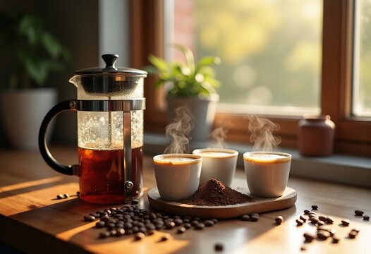 Cozy French Press Coffee Brewing Fresh Grounds Rustic Kitchen Counter Natural Wood Warm Morning Light