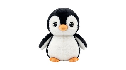 Fototapeta premium Cute black and white plush penguin toy sitting on white background with cheerful expression