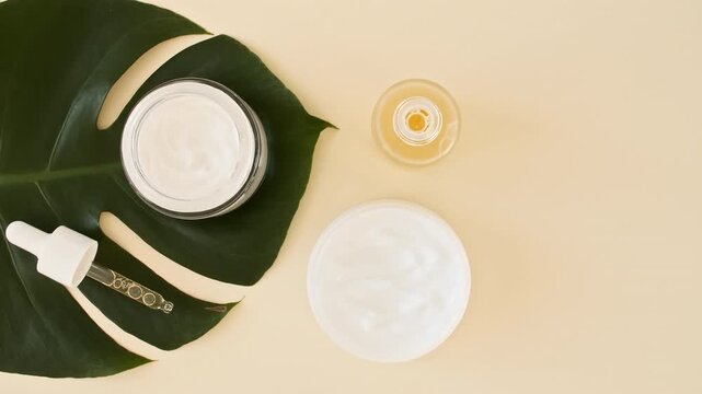 Cosmetics Jars of cream, Bottles for serum, essential oil with tropical leaves Monstera. Cosmetic oils based on natural ingredients. Natural cosmetics production for hair, skin care and body. 4k