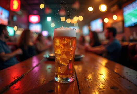 Foamy Cold Mug Beer Overflowing at High-Energy Sports Pub Celebrating Game Atmosphere